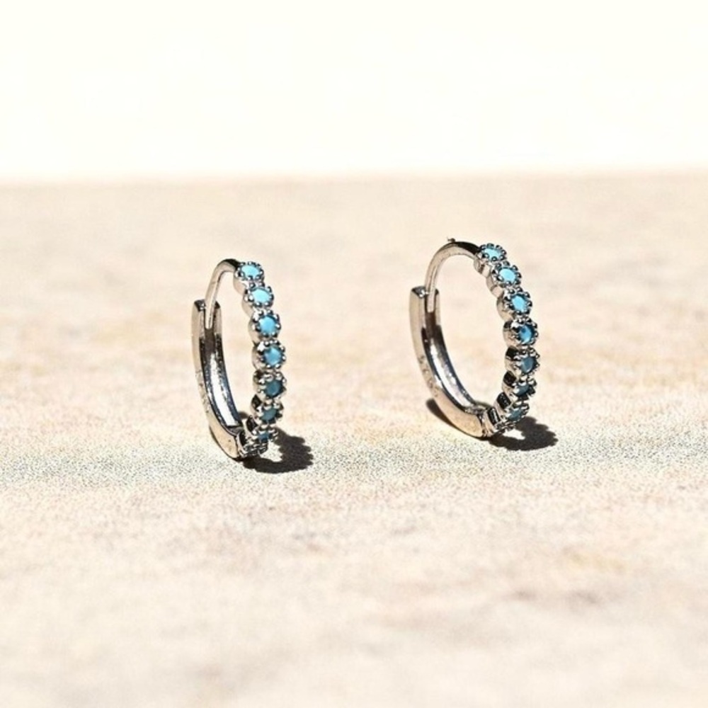 Sterling Silver Mini Hoop Huggies with Blue Stones